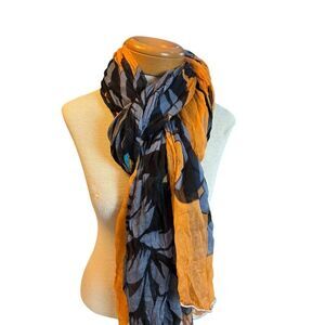 Vintage 40"x94" Black & Orange Leaf Patterned Sheer Crinkle Scarf